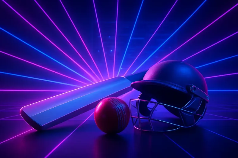 Cricket Gear Close-Up Close-up cricket equipment with neon speed lines and holographic interface