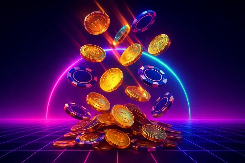 Golden Coin Cascade Golden coins and casino chips falling with green neon lighting