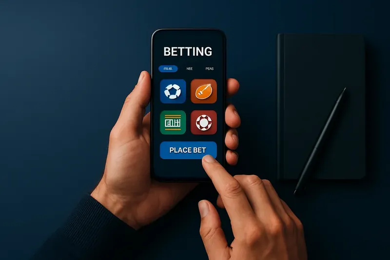 Man's hands using phone with betting app on desk