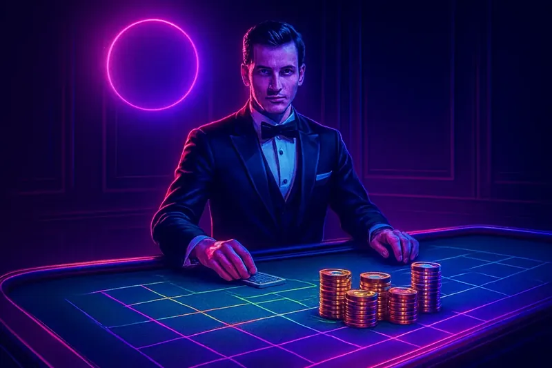 Elegant Live Casino Professional dealer at green felt live casino table with golden chips