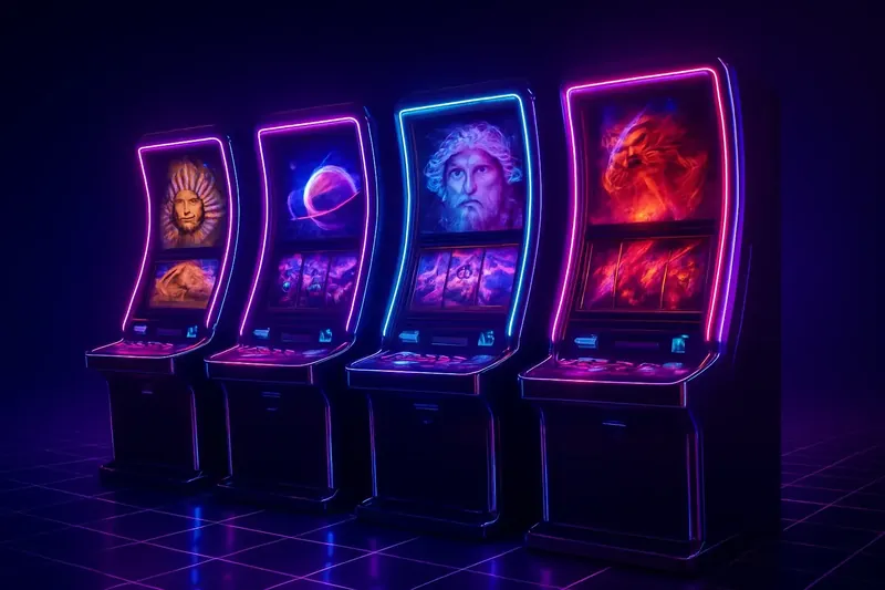 Modern Slot Machine Bank Five vivid video slot screens with neon lighting and themed graphics